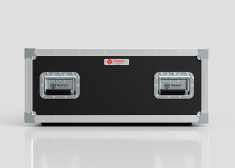 The 6U Shock Mount Slam Rack Case is a black and silver hard case with metal edges, two handles featuring Nomad branding, and a red label on the front.