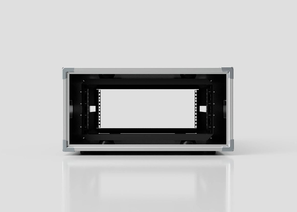 A front view of a 6U Shock Mount Slam Rack Case, empty with an open center, displayed on a white reflective surface.