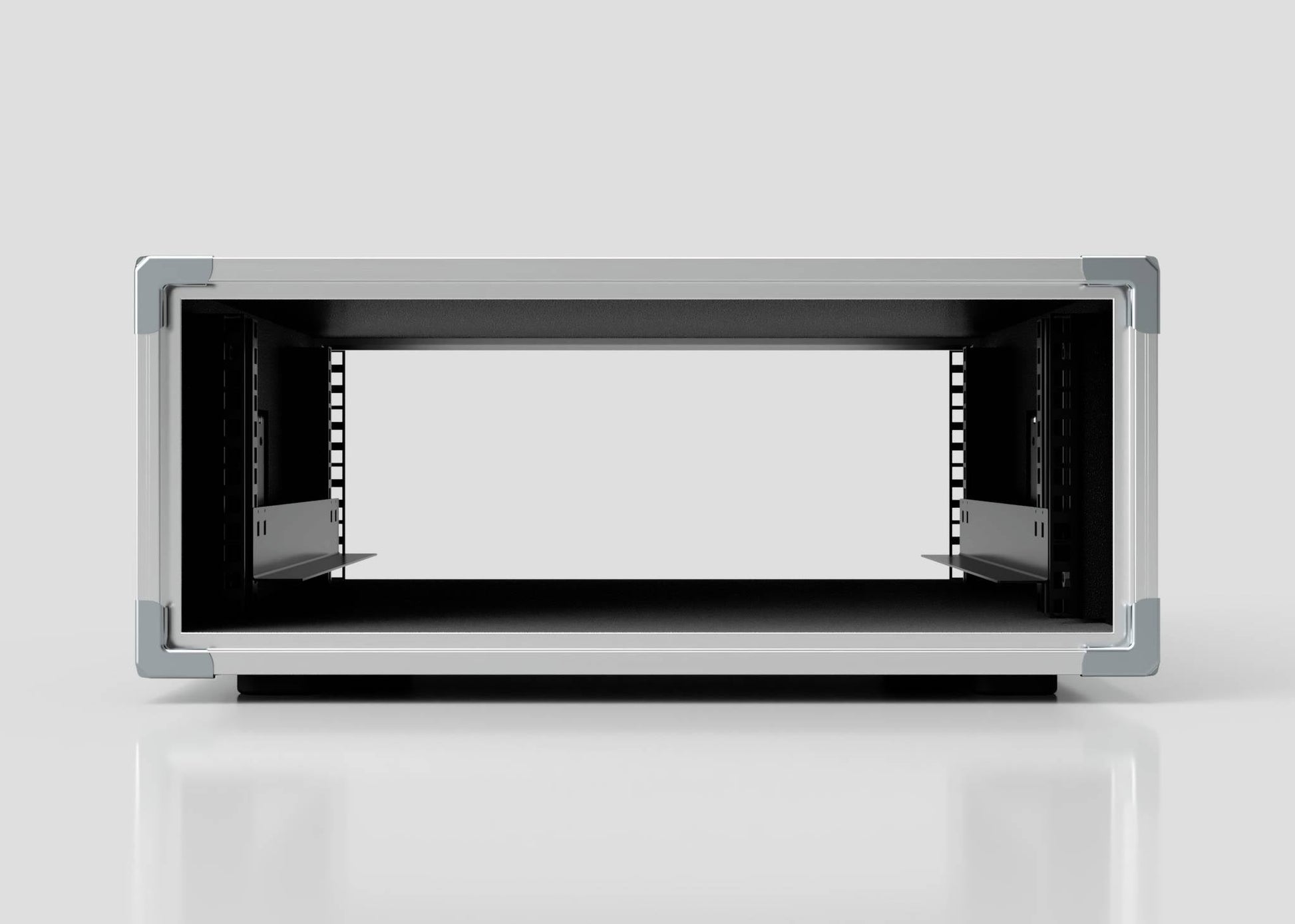 Front view of an empty 6U Slam Rack Case rackmount enclosure with an open slot, black interior, and silver frame, set against a plain light background.