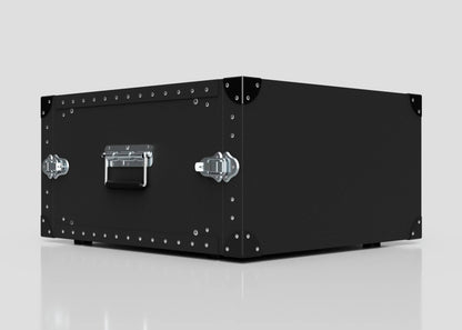 The 6U Standard Poly Rack Case is a black rectangular storage case with metal corner reinforcements, a side handle, and padlockable latches, shown against a plain light background.