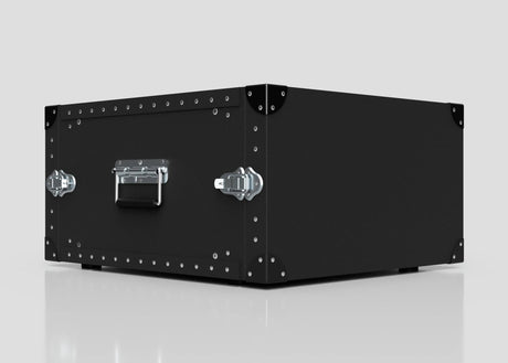 A 6U Lite Guard™ Standard Rack Case | Lightweight HDPE 19-Inch Rack with silver corner reinforcements, latches, and handle rests on a light surface. Made from impact-resistant HDPE, it provides robust protection for your equipment.
