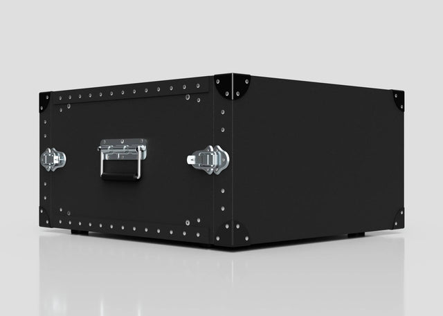 A 6U Lite Guard™ Standard Rack Case | Lightweight HDPE 19-Inch Rack with silver corner reinforcements, latches, and handle rests on a light surface. Made from impact-resistant HDPE, it provides robust protection for your equipment.