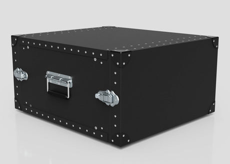 The 6U Lite Guard™ Standard Rack Case is a black, rectangular HDPE storage case with metal reinforcements, side latches, and a front metal handle—a durable yet lightweight 19-inch rack flight case.