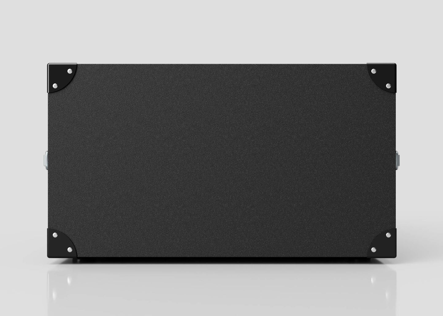 A 6U Standard Poly Rack Case, a black rectangular box with metal corner protectors and padlockable latches, sits on a reflective white surface against a plain background, resembling lightweight flight cases.