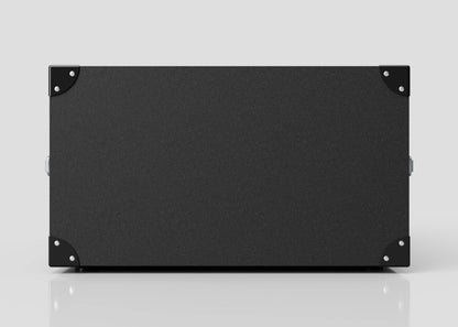 A 6U Standard Poly Rack Case, a black rectangular box with metal corner protectors and padlockable latches, sits on a reflective white surface against a plain background, resembling lightweight flight cases.