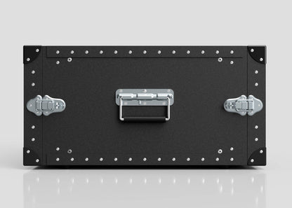 The 6U Standard Poly Rack Case, black and rectangular with metallic corners, padlockable latches, central handle, and rivet detailing, sits on a reflective surface against a light gray background.