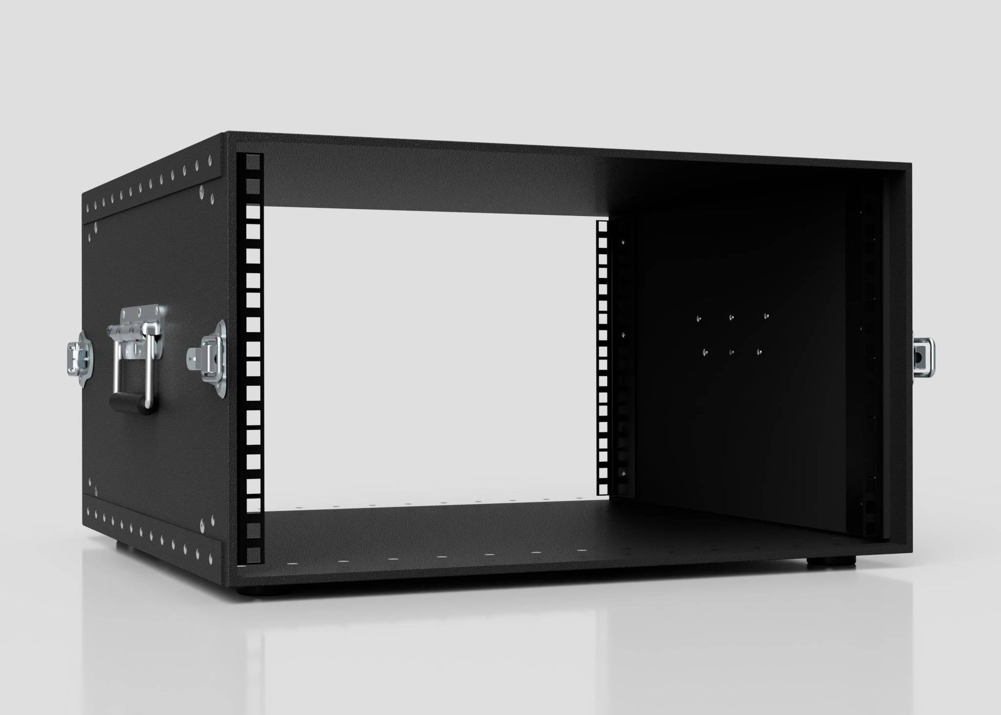 The 6U Standard Poly Rack Case is a black metal rackmount enclosure with an open front, side handles, and ventilated interior panels, similar to poly racks or lightweight flight cases. It is shown placed on a white surface.