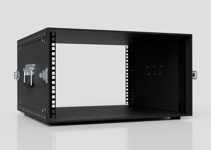 The 6U Standard Poly Rack Case is a black metal rackmount enclosure with an open front, side handles, and ventilated interior panels, similar to poly racks or lightweight flight cases. It is shown placed on a white surface.
