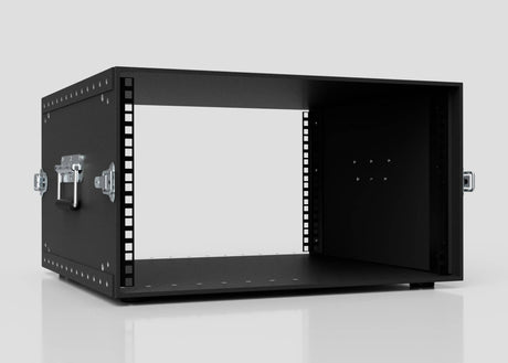 The 6U Lite Guard™ Standard Rack Case, a lightweight HDPE 19-inch rack in black with open front and side handles, is shown on a reflective surface against a plain light background.