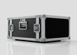 The 6U Standard Rack Case, made in the UK from European Birch plywood with black and silver finish, metal-reinforced corners, and latches, is shown on a reflective white surface.
