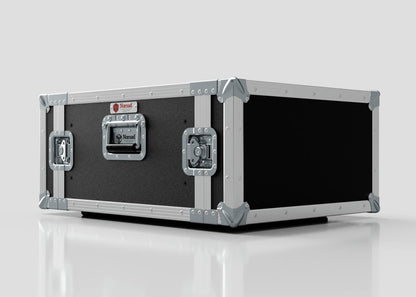 The 6U Standard Rack Case, made in the UK from European Birch plywood with black and silver finish, metal-reinforced corners, and latches, is shown on a reflective white surface.