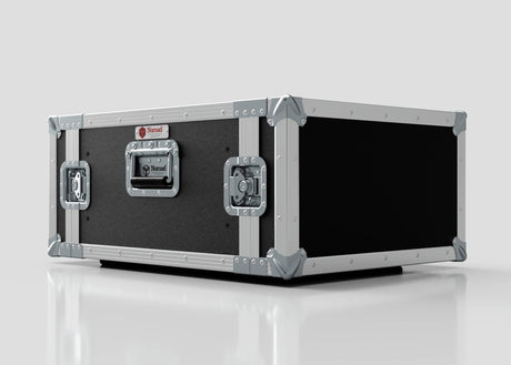 The 6U Standard Rack Case, made in the UK from European Birch plywood with black and silver finish, metal-reinforced corners, and latches, is shown on a reflective white surface.