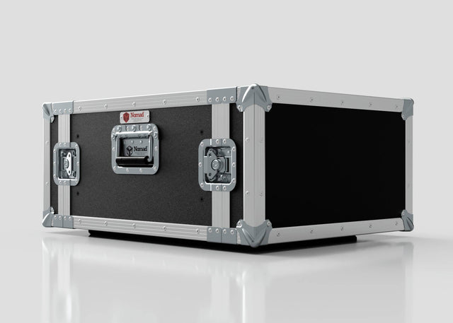The 6U Standard Rack Case, made in the UK from European Birch plywood with black and silver finish, metal-reinforced corners, and latches, is shown on a reflective white surface.