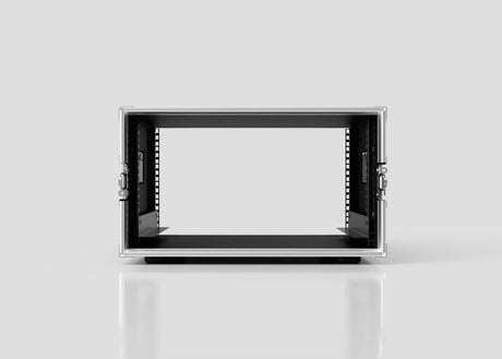 A front-facing view of an empty 6U Standard Rack Case, UK-made with side handles from European Birch plywood, displayed against a plain light gray background.