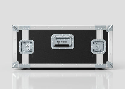 A 6U Standard Rack Case in black and silver with metal edges, corners, and latches, labeled Nomad on the handle plate and made in the UK, sits on a reflective surface.