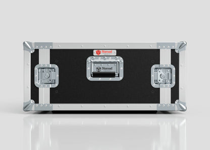 The 6U Standard Rack Case, a black and silver UK-made hard case with metal edges, reinforced corners, latches, and a Nomad logo on the front, is shown against a plain light background.