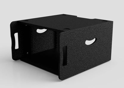 The 6U Standard Rack Sleeve is a black metal rackmount enclosure with side handles, open front and back, textured finish, and ventilation slots. Shown on a plain white background. External dimensions: 514 x 545 x 300 mm.