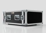 The 6U Suspended Shock Mounted Rack Case, with black and silver finish, metal-reinforced corners, and two latches, is designed for safe equipment transport and is pictured on a plain light background.