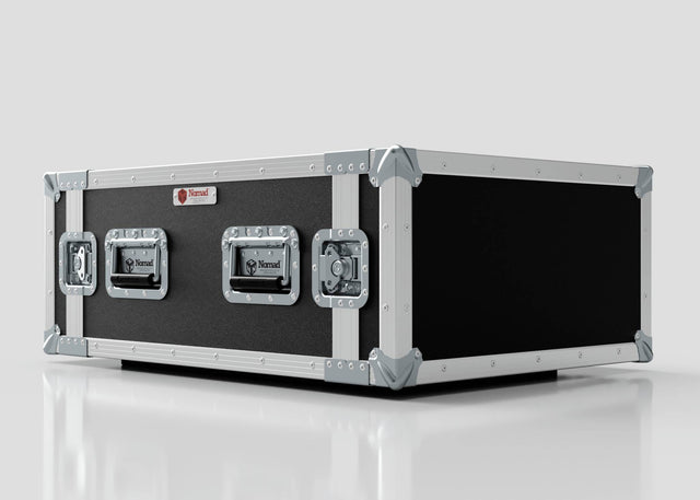 The 6U Suspended Shock Mounted Rack Case, with black and silver finish, metal-reinforced corners, and two latches, is designed for safe equipment transport and is pictured on a plain light background.