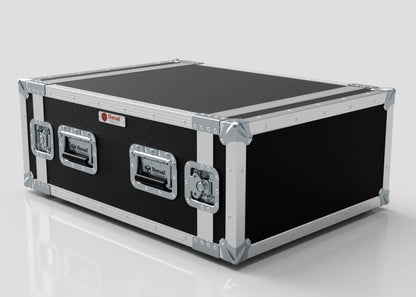 The 6U Suspended Shock Mounted Rack Case is a black and silver rectangular case with metal reinforcements, three handles, and corner protectors, displayed on a white surface.