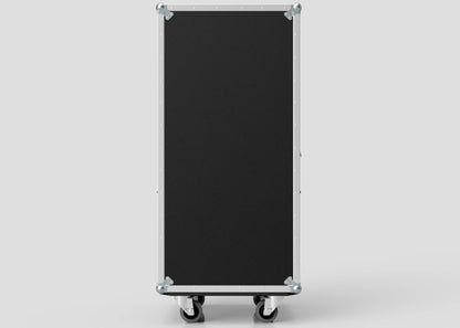 A tall, rectangular black 7 Drawer Production Case with metal edges and corners stands upright on four caster wheels, showcasing its sturdy build—ideal for equipment storage—against a plain light background.