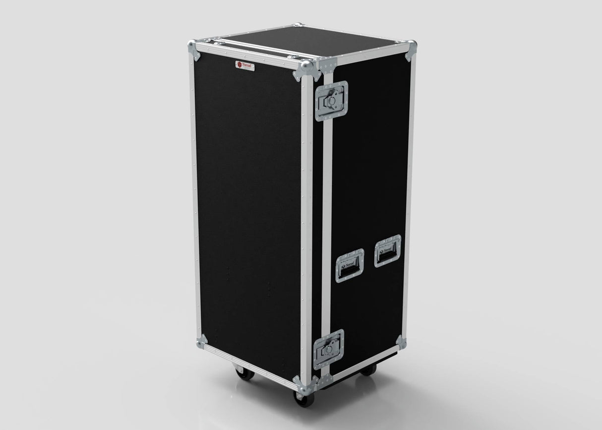 A black and silver rectangular 7 Drawer Production Case with metal edges, corner protectors, two latches, and handles stands upright on a light background—ideal for storing gear and Side Attaching Trestle Table accessories.