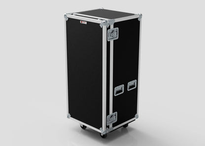 A black and silver rectangular 7 Drawer Production Case with metal edges, corner protectors, two latches, and handles stands upright on a light background—ideal for storing gear and Side Attaching Trestle Table accessories.