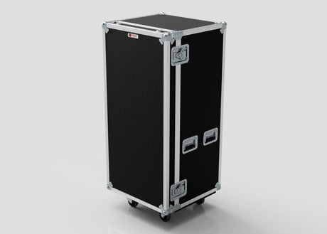 A black and silver rectangular 7 Drawer Production Case with metal edges, corner protectors, two latches, and handles stands upright on a light background—ideal for storing gear and Side Attaching Trestle Table accessories.