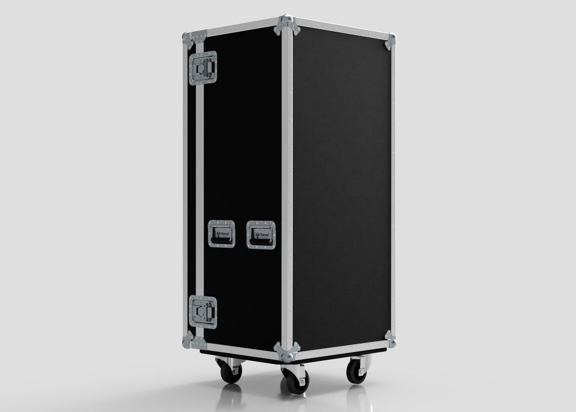 The Nomad Casing 7 Drawer Production Case is a large black road case with metal edges, four latches, and caster wheels, designed for easy transport. Its external dimensions are ideal, shown against a plain light background.