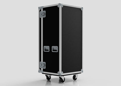 The Nomad Casing 7 Drawer Production Case is a large black road case with metal edges, four latches, and caster wheels, designed for easy transport. Its external dimensions are ideal, shown against a plain light background.