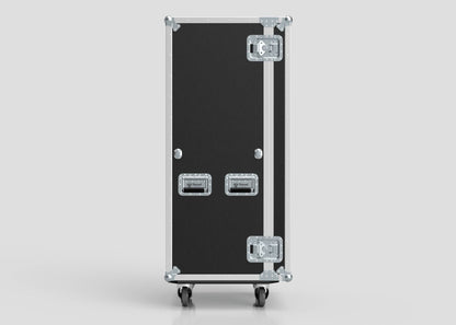 The 7 Drawer Production Case is a black rectangular rolling equipment case with metal edges, two handles, secure latches, and four caster wheels—ideal for storing or transporting a Side Attaching Trestle Table. External dimensions available on request.