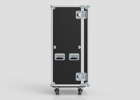The 7 Drawer Production Case is a black rectangular rolling equipment case with metal edges, two handles, secure latches, and four caster wheels—ideal for storing or transporting a Side Attaching Trestle Table. External dimensions available on request.