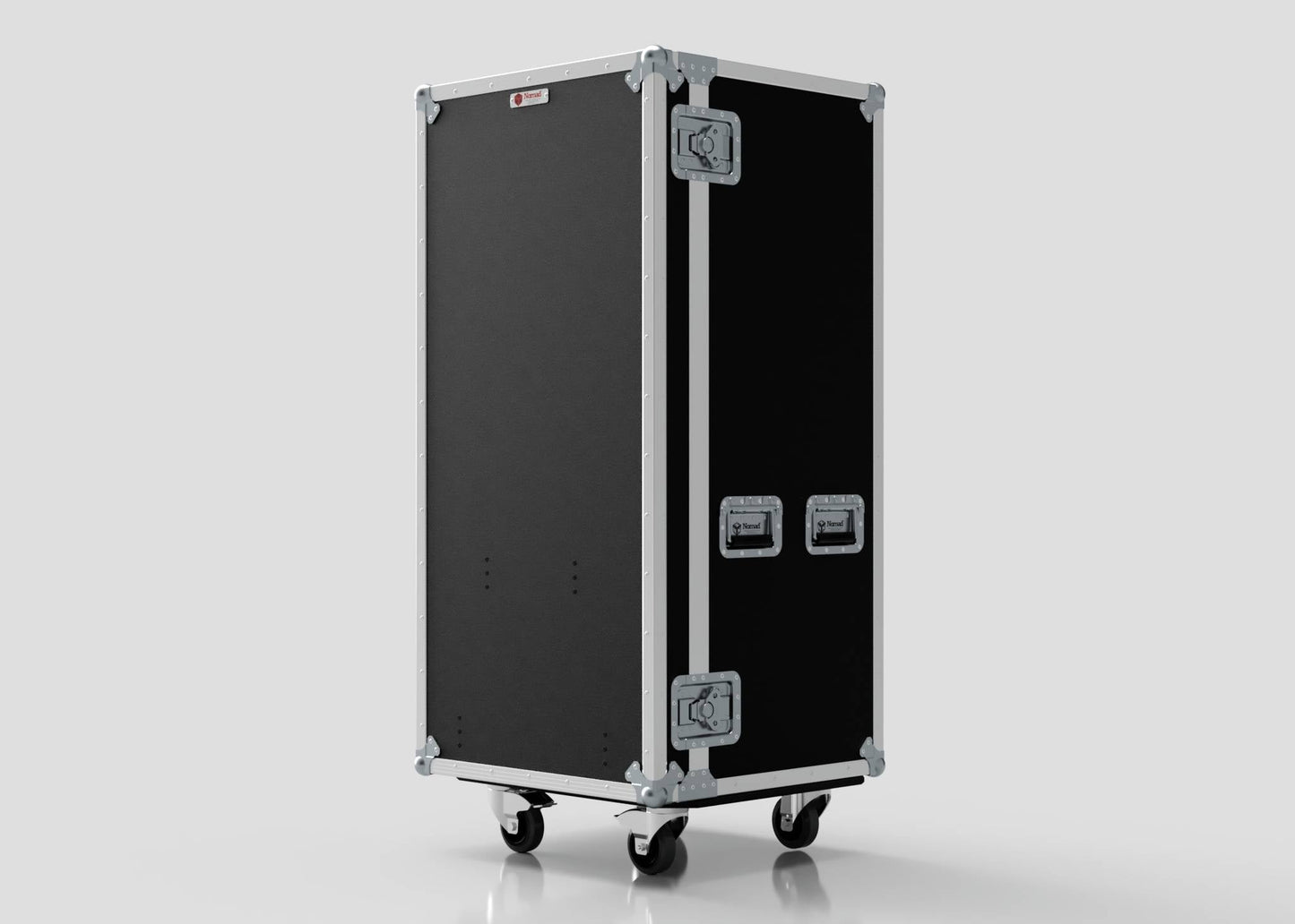 The Nomad Cases 7 Drawer Production Case is a tall, black flight case with metal edges and hardware, upright on four caster wheels, featuring side attaching points and showcasing its practical external dimensions against a plain background.