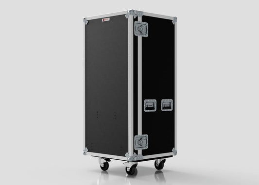 The Nomad Cases 7 Drawer Production Case is a tall, black flight case with metal edges and hardware, upright on four caster wheels, featuring side attaching points and showcasing its practical external dimensions against a plain background.