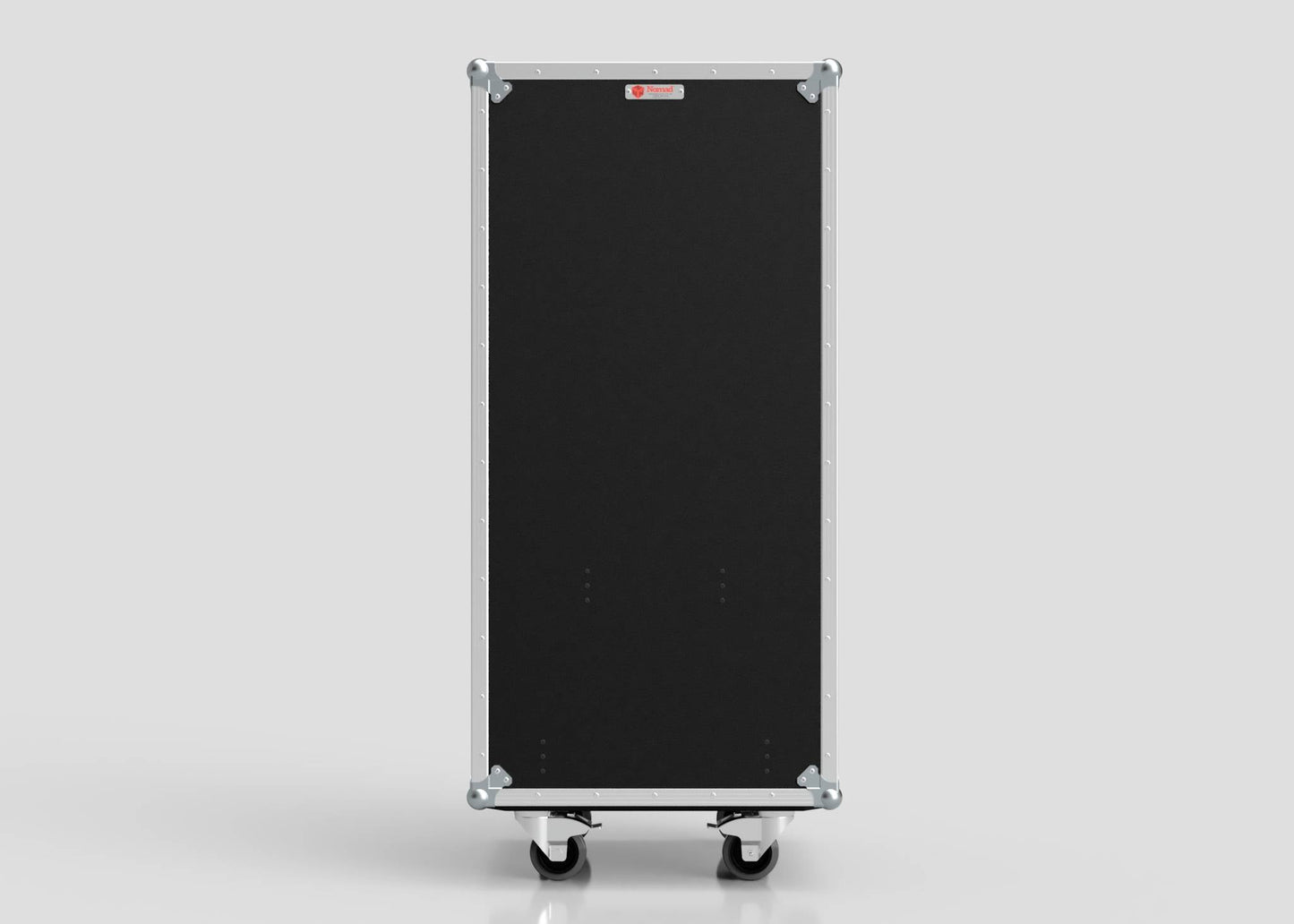 The Nomad Cases 7 Drawer Production Case is a black rectangular equipment case with metal edges, corner protectors, and side hardware, standing upright on four caster wheels. Compact and practical, it is shown against a plain light gray background.