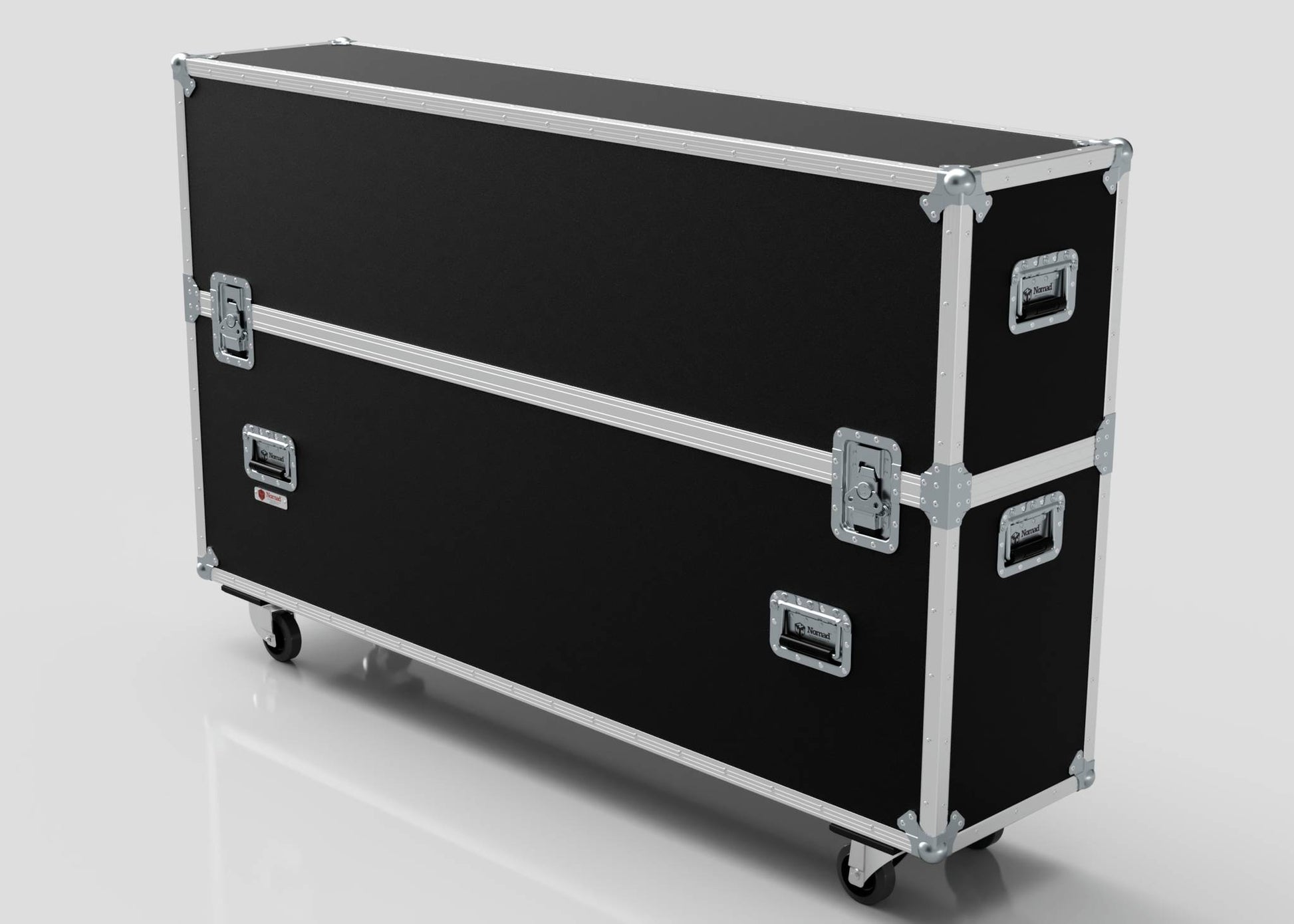 The 70" Double Screen Case is a large black rectangular case with metal edges, latches, handles, and wheels, shown on a plain light-colored surface.