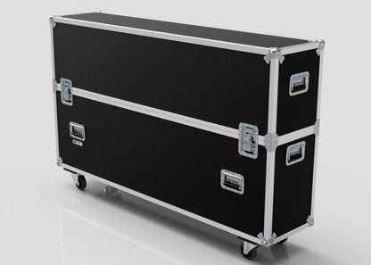 The 70" Double Screen Case is a large black rectangular case with metal edges, latches, handles, and wheels, shown on a plain light-colored surface.