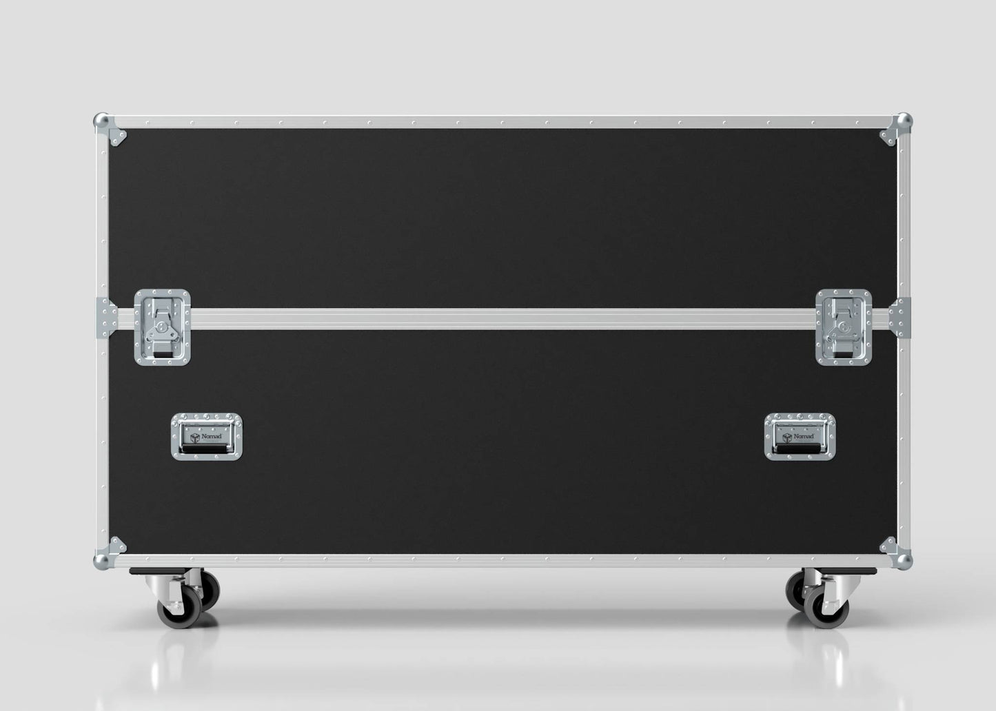 The 70" Double Screen Case is a large black rectangular case with metal edges, latches, handles, and four caster wheels, shown against a plain light background.