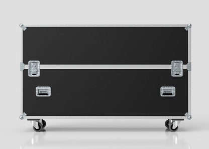 The 70" Double Screen Case is a large black rectangular case with metal edges, latches, handles, and four caster wheels, shown against a plain light background.