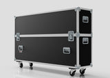 A 70" Double Screen Case, large and rectangular in black with metal edges and handles, sits on four caster wheels against a plain background.