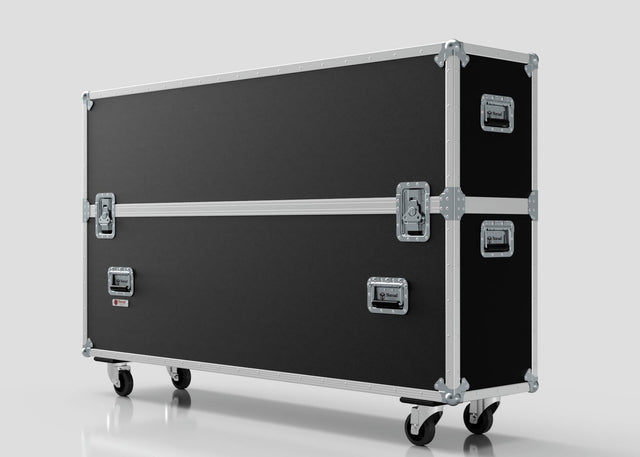 A 70" Double Screen Case, large and rectangular in black with metal edges and handles, sits on four caster wheels against a plain background.