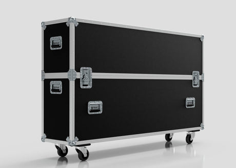 The 70" Double Screen Case is a large black rectangular case with metal edges, handles, latches, and four caster wheels, shown against a plain background.