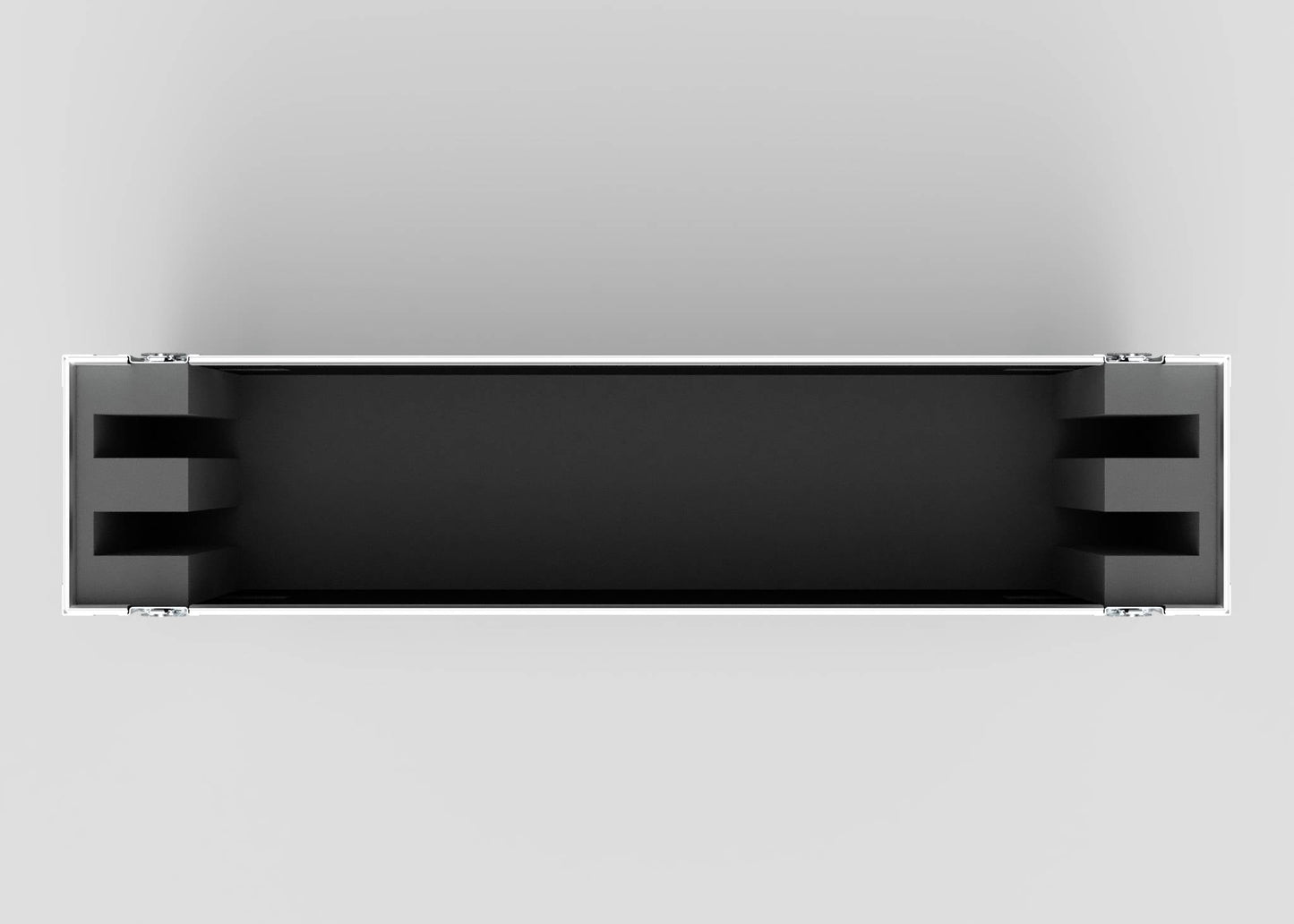 The 70" Double Screen Case is a rectangular black case with metallic edges, shown from above with its open interior revealing foam padding on both ends, set against a plain gray background.