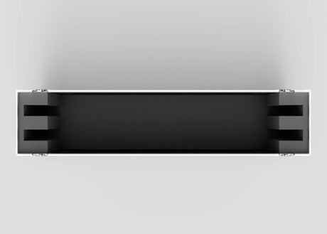 The 70" Double Screen Case is a rectangular black case with metallic edges, shown from above with its open interior revealing foam padding on both ends, set against a plain gray background.