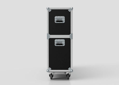 The 70" Double Screen Case, in black and silver with metal edges, handles, and wheels, is stacked vertically against a plain light background.