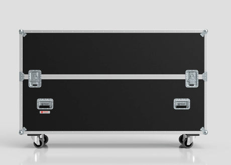 The 70" Double Screen Case is a large black equipment case with metal edges and handles, mounted on four wheels, shown against a plain light background.