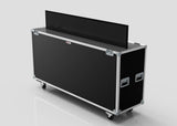 A 70" Motorised Single Screen Case in black with metal edges and handles on wheels, shown open with a flat-screen monitor partially visible inside.