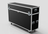 A 70" Motorised Single Screen Case, large and black with a rectangular shape, metal edges, handles, latches, and wheels, displayed against a plain white background.