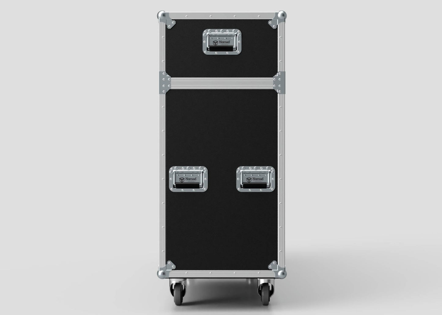 A 70" Motorised Single Screen Case in tall black design with metal edges and handles, shown upright on four caster wheels against a plain background.