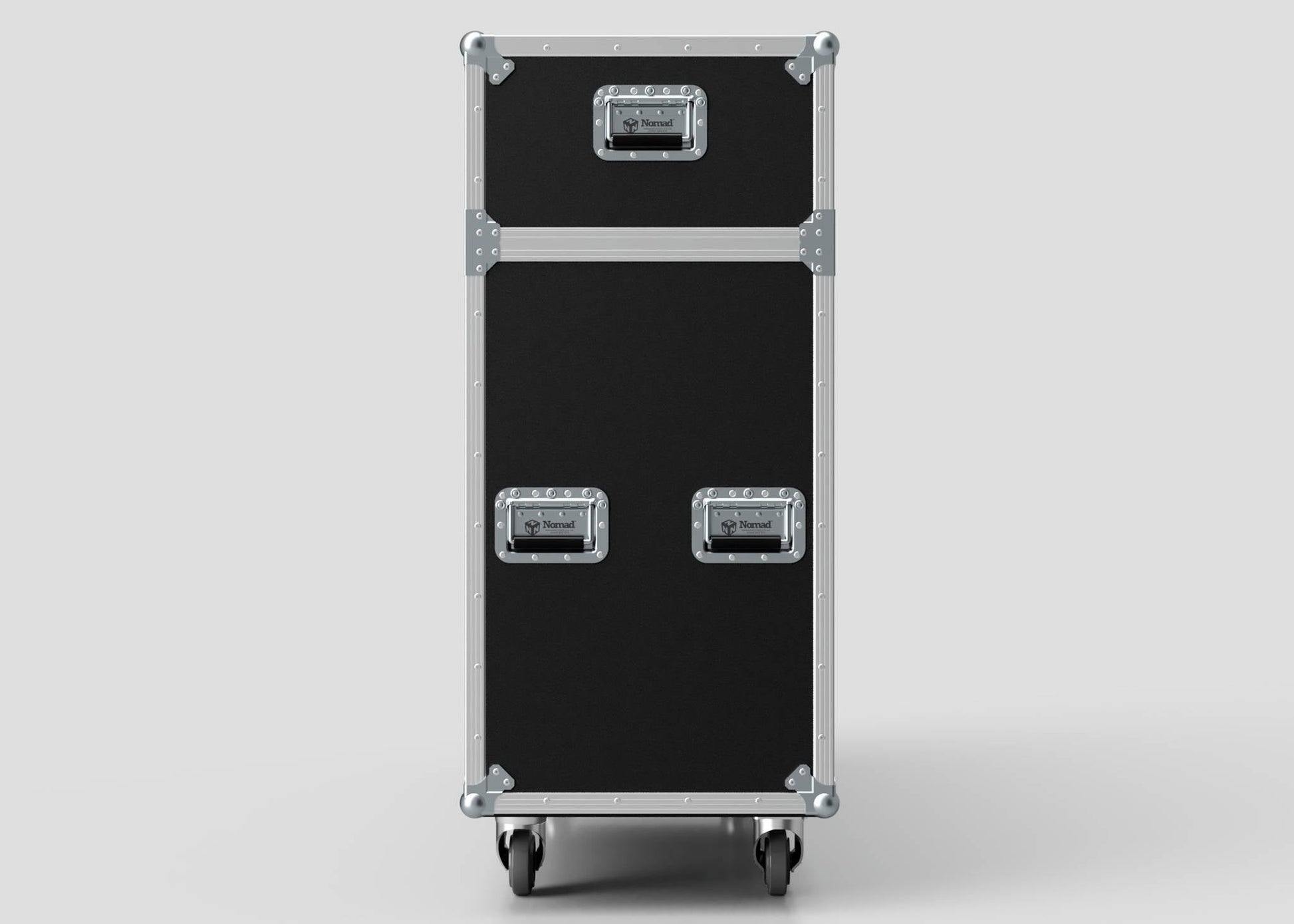A 70" Motorised Single Screen Case in tall black design with metal edges and handles, shown upright on four caster wheels against a plain background.
